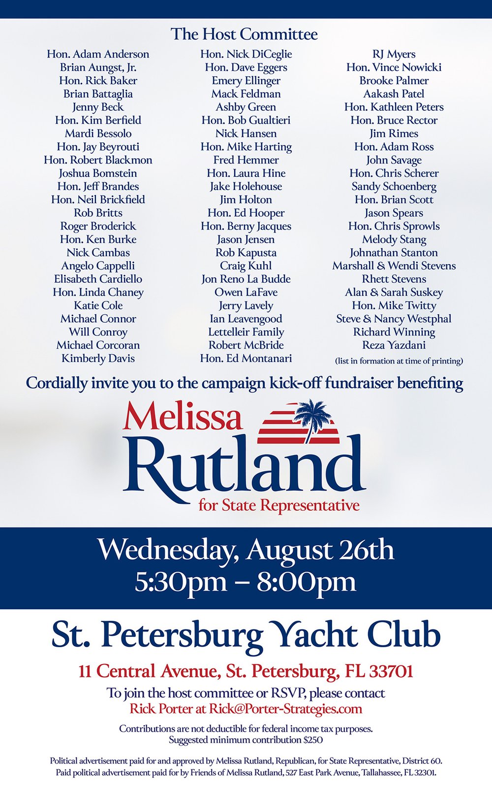 Melissa Rutland Campaign Kick-Off Fundraiser invitation — Wednesday, August 26th, St. Petersburg Yacht Club